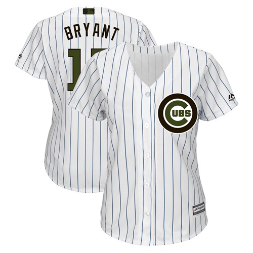 Women's Cubs #17 Kris Bryant White(Blue Strip) 2018 Memorial Day Cool Base Women's Stitched MLB Jersey
