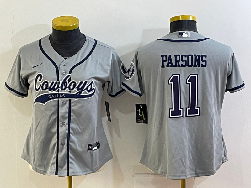 Women's Dallas Cowboys #11 Micah Parsons Grey With Patch Cool Base Stitched Baseball Jersey(Run Small) Women's Dallas Cowboys #11 Micah Parsons Grey With Patch Cool Base Stitched Baseball Jersey(Run Small)