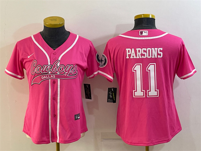 Women's Dallas Cowboys #11 Micah Parsons Pink With Patch Cool Base Stitched Baseball Jersey(Run Small) Women's Dallas Cowboys #11 Micah Parsons Pink With Patch Cool Base Stitched Baseball Jersey(Run Small)