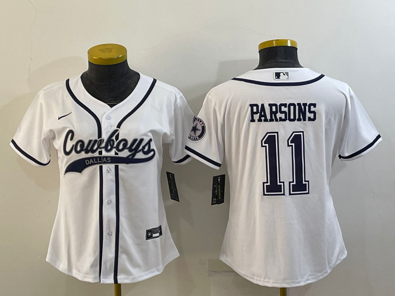 Women's Dallas Cowboys #11 Micah Parsons White With Patch Cool Base Stitched Baseball Jersey(Run Small) Women's Dallas Cowboys #11 Micah Parsons White With Patch Cool Base Stitched Baseball Jersey(Run Small)
