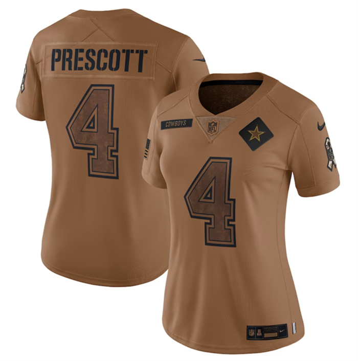 Women's Dallas Cowboys #4 Dak Prescott 2023 Brown Salute To Service Limited Stitched Football Jersey(Run Small) Women's Dallas Cowboys #4 Dak Prescott 2023 Brown Salute To Service Limited Stitched Football Jersey(Run Small)