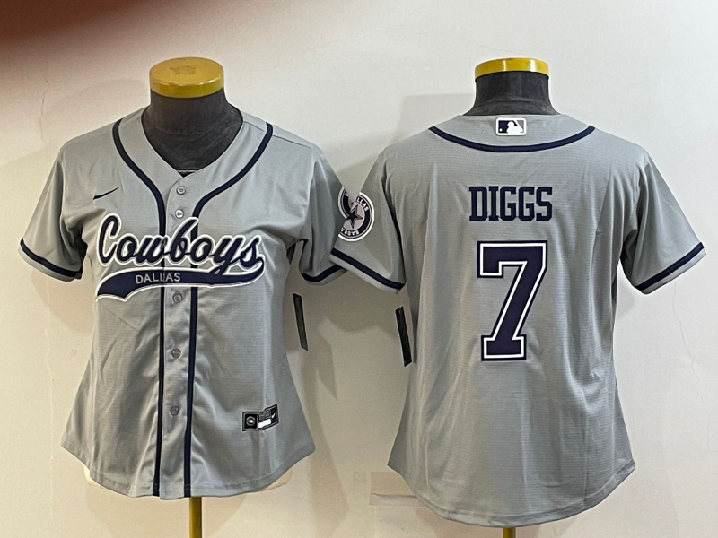 Women's Dallas Cowboys #7 Trevon Diggs Grey With Patch Cool Base Stitched Baseball Jersey(Run Small) Women's Dallas Cowboys #7 Trevon Diggs Grey With Patch Cool Base Stitched Baseball Jersey(Run Small)