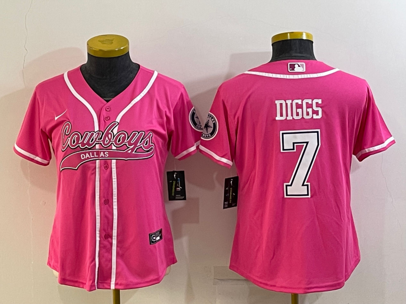 Women's Dallas Cowboys #7 Trevon Diggs Pink With Patch Cool Base Stitched Baseball Jersey(Run Small) Women's Dallas Cowboys #7 Trevon Diggs Pink With Patch Cool Base Stitched Baseball Jersey(Run Small)