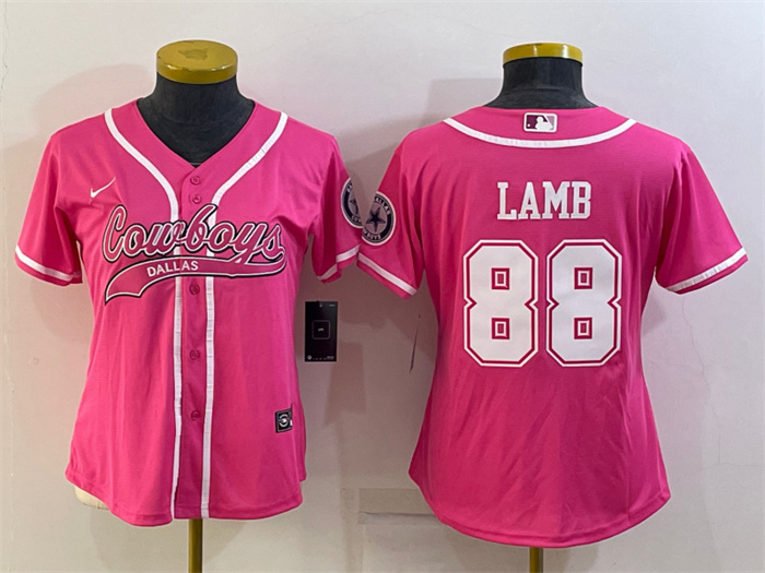 Women's Dallas Cowboys #88 CeeDee Lamb Pink With Patch Cool Base Stitched Baseball Jersey(Run Small) Women's Dallas Cowboys #88 CeeDee Lamb Pink With Patch Cool Base Stitched Baseball Jersey(Run Small)