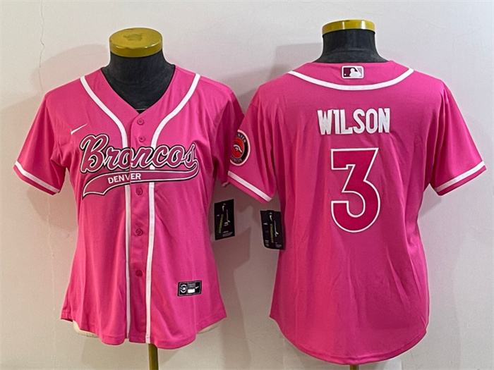 Women's Denver Broncos #3 Russell Wilson Pink With Patch Cool Base Stitched Baseball Jersey(Run Small) Women's Denver Broncos #3 Russell Wilson Pink With Patch Cool Base Stitched Baseball Jersey(Run Small)