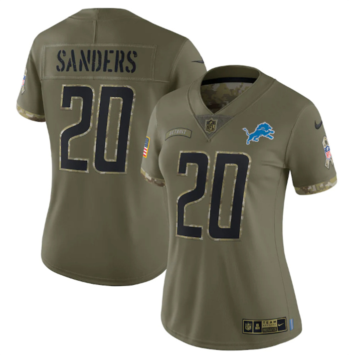 Women's Detroit Lions #20 Barry Sanders 2022 Olive Salute To Service Limited Stitched Jersey(Run Small) Women's Detroit Lions #20 Barry Sanders 2022 Olive Salute To Service Limited Stitched Jersey(Run Small)