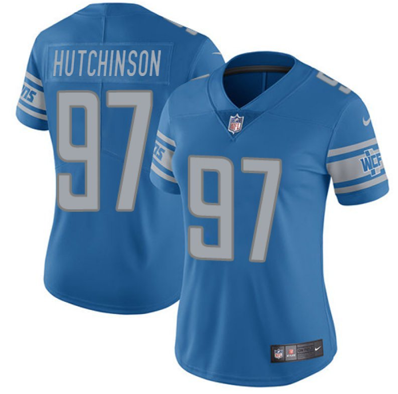 Women's Detroit Lions #97 Aidan Hutchinson Blue Vapor Limited Stitched Football Jersey(Run Smaller) Women's Detroit Lions #97 Aidan Hutchinson Blue Vapor Limited Stitched Football Jersey(Run Smaller)