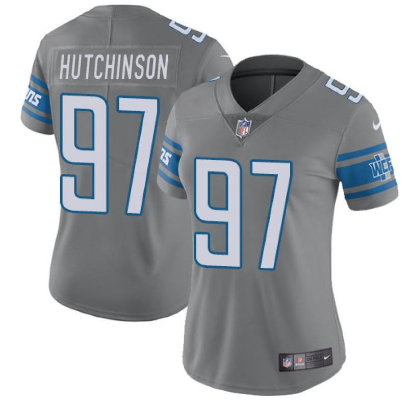 Women's Detroit Lions #97 Aidan Hutchinson Grey Vapor Limited Stitched Football Jersey(Run Smaller) Women's Detroit Lions #97 Aidan Hutchinson Grey Vapor Limited Stitched Football Jersey(Run Smaller)