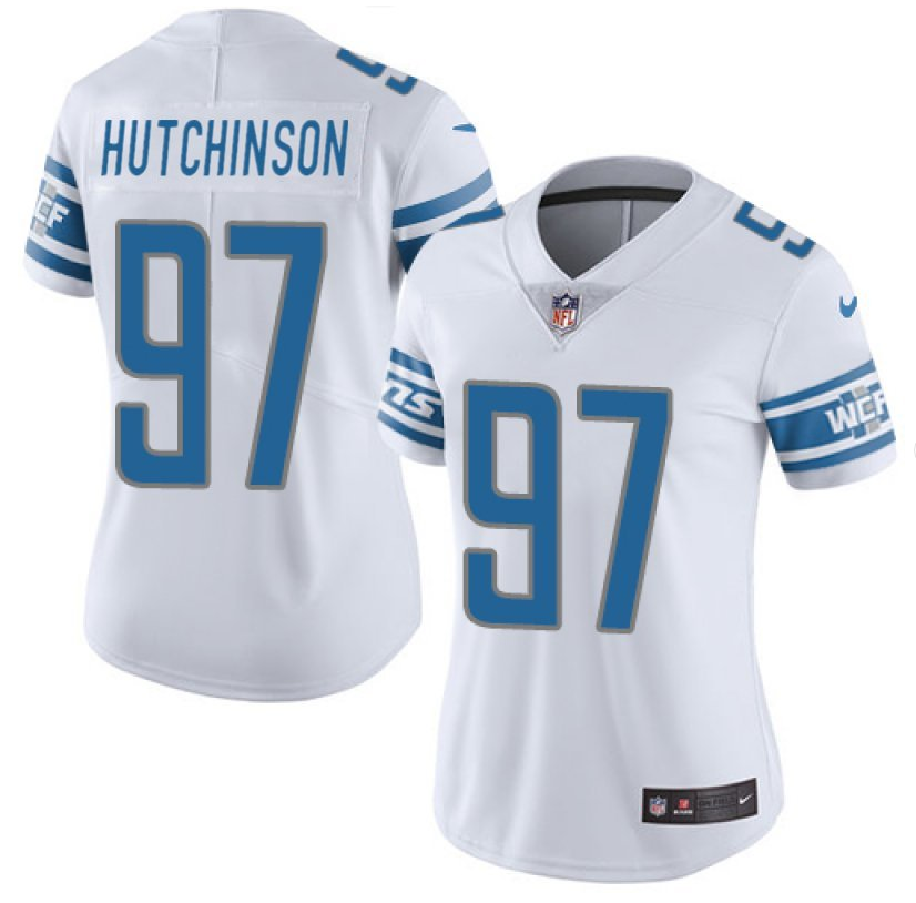 Women's Detroit Lions #97 Aidan Hutchinson White Vapor Limited Stitched Football Jersey(Run Smaller) Women's Detroit Lions #97 Aidan Hutchinson White Vapor Limited Stitched Football Jersey(Run Smaller)