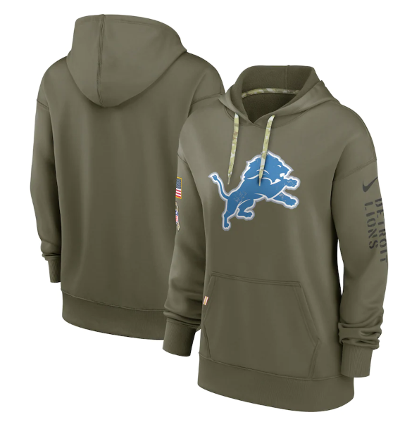 Women's Detroit Lions 2022 Olive Salute To Service Therma Performance Pullover Hoodie(Run Small) Women's Detroit Lions 2022 Olive Salute To Service Therma Performance Pullover Hoodie(Run Small)