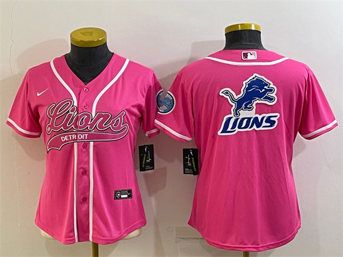 Women's Detroit Lions Pink Team Big Logo With Patch Cool Base Stitched Baseball Jersey(Run Small) Women's Detroit Lions Pink Team Big Logo With Patch Cool Base Stitched Baseball Jersey(Run Small)
