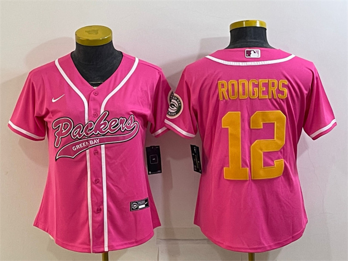 Women's Green Bay Packers #12 Aaron Rodgers Pink Gold With Patch Cool Base Stitched Baseball Jersey(Run Small) Women's Green Bay Packers #12 Aaron Rodgers Pink Gold With Patch Cool Base Stitched Baseball Jersey(Run Small)