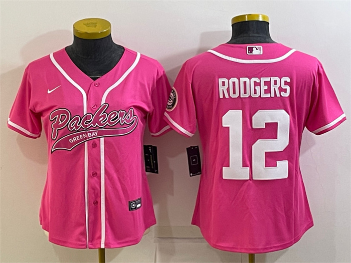Women's Green Bay Packers #12 Aaron Rodgers Pink With Patch Cool Base Stitched Baseball Jersey(Run Small) Women's Green Bay Packers #12 Aaron Rodgers Pink With Patch Cool Base Stitched Baseball Jersey(Run Small)