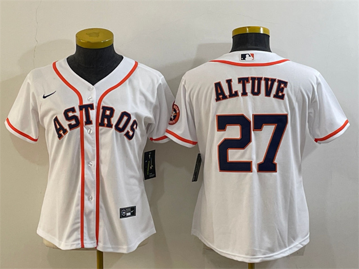 Women's Houston Astros #27 Jose Altuve White With Patch Cool Base Stitched Baseball Jersey(Run Small) 1