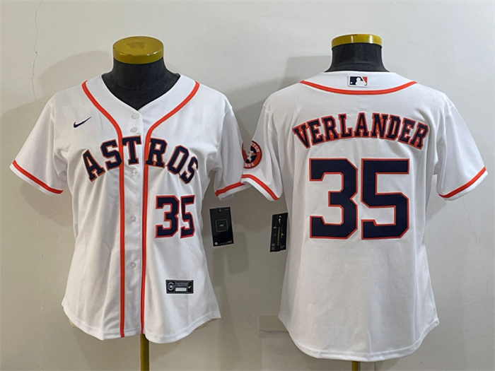 Women's Houston Astros #35 Justin Verlander White With Patch Cool Base Stitched Baseball Jerseys(Run Small)