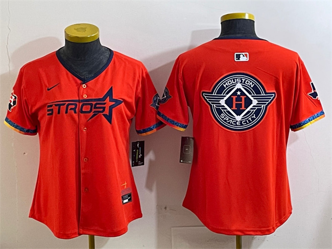 Women's Houston Astros Team Big Logo Orange 2025 City Connect With Texas Patch Limited Stitched Baseball Jersey(Run Small) 001 Women's Houston Astros Team Big Logo Orange 2025 City Connect With Texas Patch Limited Stitched Baseball Jersey(Run Small) 001