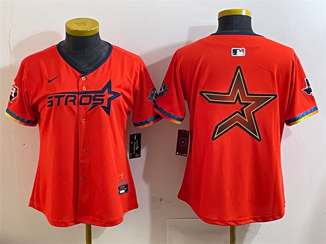 Women's Houston Astros Team Big Logo Orange 2025 City Connect With Texas Patch Limited Stitched Baseball Jersey(Run Small) 003 Women's Houston Astros Team Big Logo Orange 2025 City Connect With Texas Patch Limited Stitched Baseball Jersey(Run Small) 003
