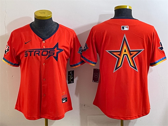 Women's Houston Astros Team Big Logo Orange 2025 City Connect With Texas Patch Limited Stitched Baseball Jersey(Run Small) 004 Women's Houston Astros Team Big Logo Orange 2025 City Connect With Texas Patch Limited Stitched Baseball Jersey(Run Small) 004