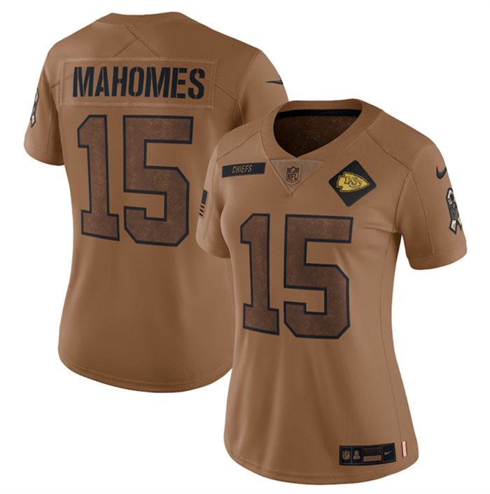 Women's Kansas City Chiefs #15 Patrick Mahomes 2023 Brown Salute To Service Limited Stitched Jersey(Run Small) Women's Kansas City Chiefs #15 Patrick Mahomes 2023 Brown Salute To Service Limited Stitched Jersey(Run Small)