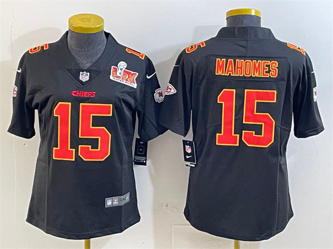 Women's Kansas City Chiefs #15 Patrick Mahomes Black 2025 Super Bowl LIX Patch Vapor Untouchable Limited Stitched Football Jersey(Run Small) Women's Kansas City Chiefs #15 Patrick Mahomes Black 2025 Super Bowl LIX Patch Vapor Untouchable Limited Stitched Football Jersey(Run Small)