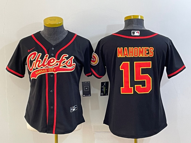 Women's Kansas City Chiefs #15 Patrick Mahomes Black With Patch Cool Base Stitched Baseball Jersey(Run Small) Women's Kansas City Chiefs #15 Patrick Mahomes Black With Patch Cool Base Stitched Baseball Jersey(Run Small)