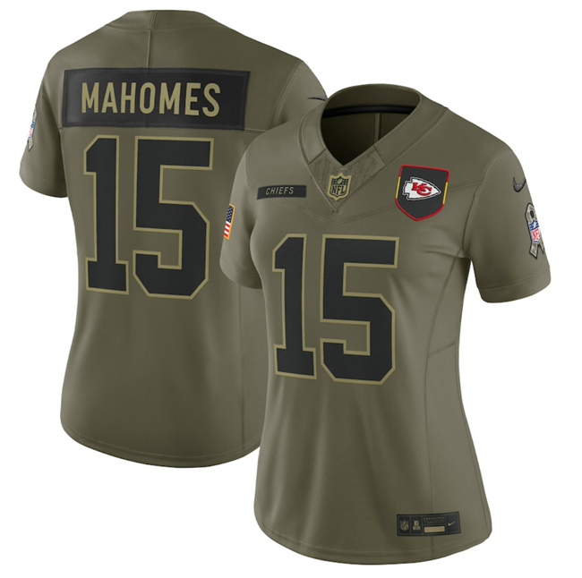 Women's Kansas City Chiefs #15 Patrick Mahomes Olive 2025 Salute to Service Limited Stitched Football Jersey(Run Small) Women's Kansas City Chiefs #15 Patrick Mahomes Olive 2025 Salute to Service Limited Stitched Football Jersey(Run Small)