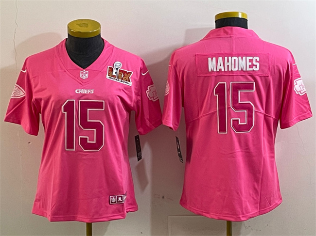 Women's Kansas City Chiefs #15 Patrick Mahomes Pink 2025 Super Bowl LIX Patch Vapor Untouchable Limited Stitched Football Jersey(Run Small) Women's Kansas City Chiefs #15 Patrick Mahomes Pink 2025 Super Bowl LIX Patch Vapor Untouchable Limited Stitched Football Jersey(Run Small)