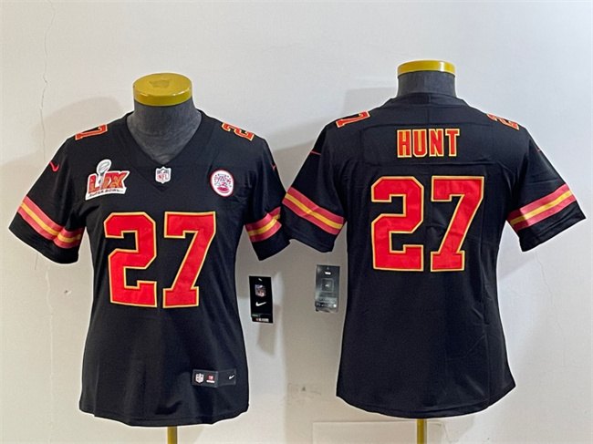 Women's Kansas City Chiefs #27 Kareem Hunt Black 2025 Super Bowl LIX Patch Vapor Untouchable Limited Stitched Football Jersey(Run Small) Women's Kansas City Chiefs #27 Kareem Hunt Black 2025 Super Bowl LIX Patch Vapor Untouchable Limited Stitched Football Jersey(Run Small)