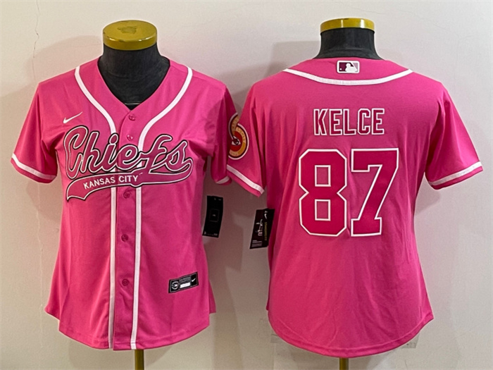 Women's Kansas City Chiefs #87 Travis Kelce Pink With Patch Cool Base Stitched Baseball Jersey(Run Small) Women's Kansas City Chiefs #87 Travis Kelce Pink With Patch Cool Base Stitched Baseball Jersey(Run Small)