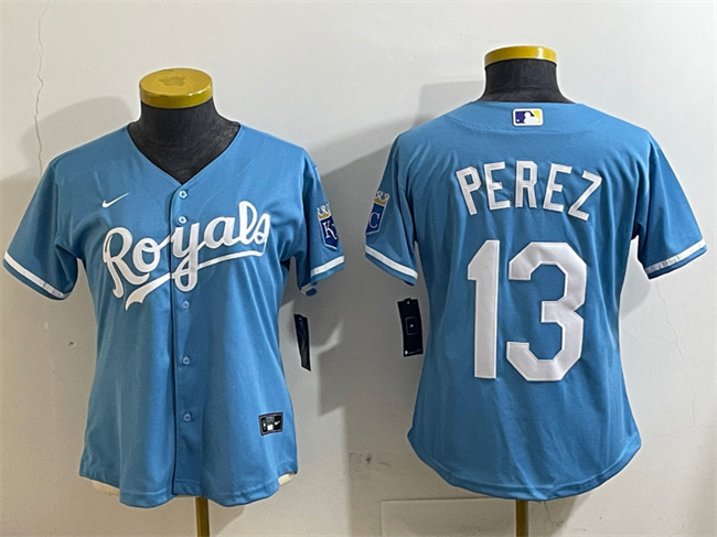 Women's Kansas City Royals #13 Salvador Perez Light Blue Cool Base Stitched Jersey(Run Small)