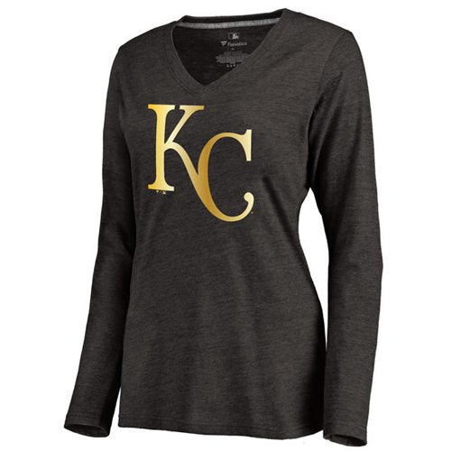 Women's Kansas City Royals Gold Collection Long Sleeve V-Neck Tri-Blend T-Shirt Black Women's Kansas City Royals Gold Collection Long Sleeve V-Neck Tri-Blend T-Shirt Black