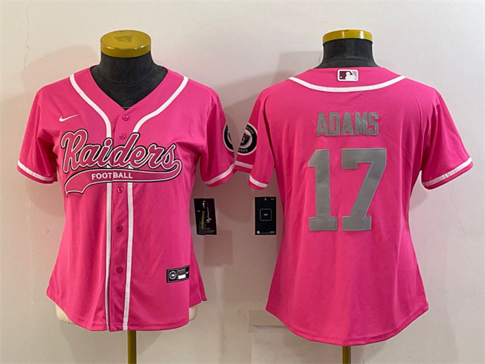 Women's Las Vegas Raiders #17 Davante Adams Pink Silver With Patch Cool Base Stitched Baseball Jersey(Run Small) Women's Las Vegas Raiders #17 Davante Adams Pink Silver With Patch Cool Base Stitched Baseball Jersey(Run Small)