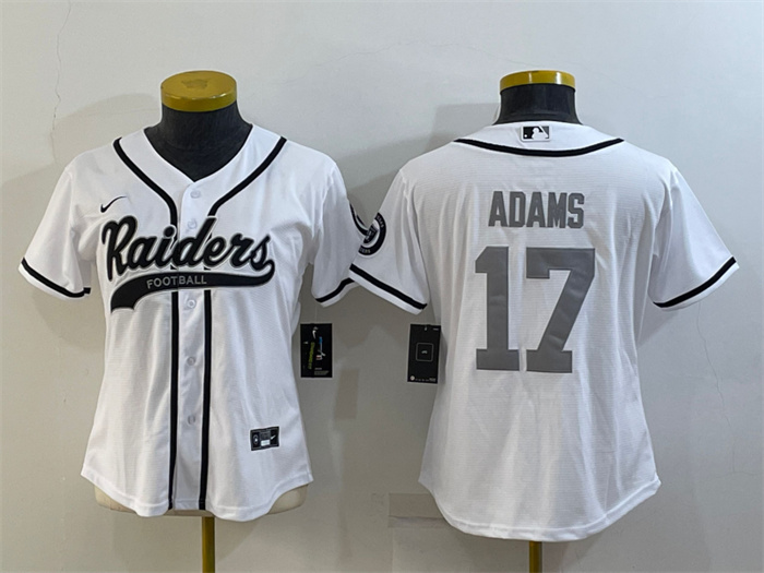 Women's Las Vegas Raiders #17 Davante Adams White Silver With Patch Cool Base Stitched Baseball Jersey(Run Small) Women's Las Vegas Raiders #17 Davante Adams White Silver With Patch Cool Base Stitched Baseball Jersey(Run Small)