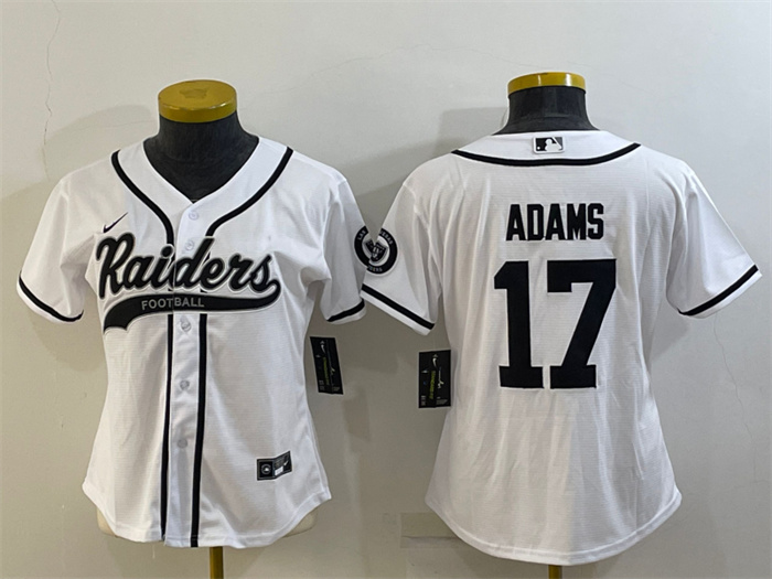 Women's Las Vegas Raiders #17 Davante Adams White With Patch Cool Base Stitched Baseball Jersey(Run Small) Women's Las Vegas Raiders #17 Davante Adams White With Patch Cool Base Stitched Baseball Jersey(Run Small)