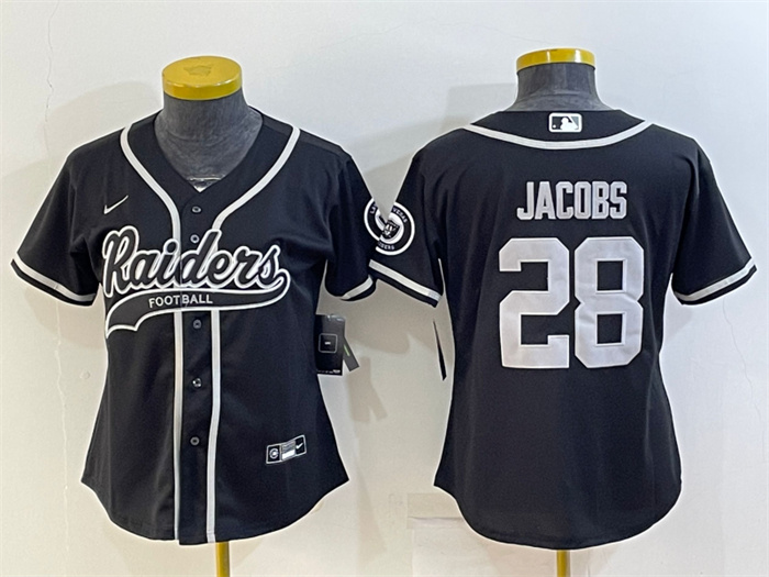 Women's Las Vegas Raiders #28 Josh Jacobs Black With Patch Cool Base Stitched Baseball Jersey(Run Small) Women's Las Vegas Raiders #28 Josh Jacobs Black With Patch Cool Base Stitched Baseball Jersey(Run Small)