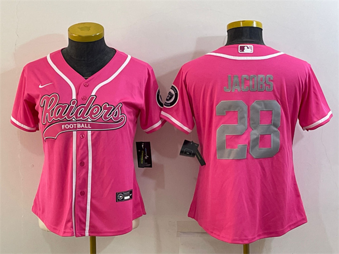 Women's Las Vegas Raiders #28 Josh Jacobs Pink Silver With Patch Cool Base Stitched Baseball Jersey(Run Small) Women's Las Vegas Raiders #28 Josh Jacobs Pink Silver With Patch Cool Base Stitched Baseball Jersey(Run Small)