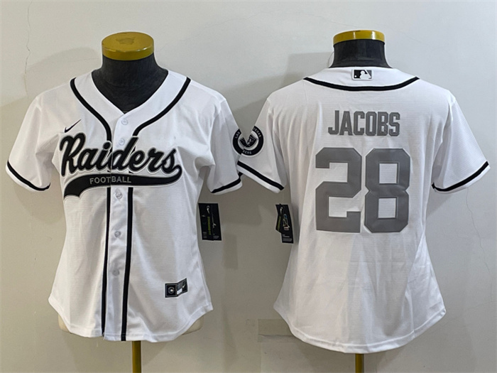 Women's Las Vegas Raiders #28 Josh Jacobs White Silver With Patch Cool Base Stitched Baseball Jersey(Run Small) Women's Las Vegas Raiders #28 Josh Jacobs White Silver With Patch Cool Base Stitched Baseball Jersey(Run Small)