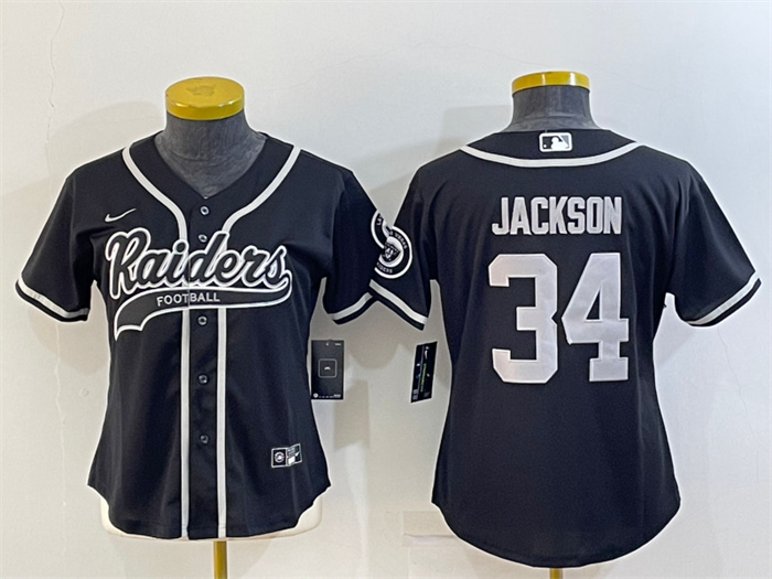 Women's Las Vegas Raiders #34 Bo Jackson Black With Patch Cool Base Stitched Baseball Jersey(Run Small) Women's Las Vegas Raiders #34 Bo Jackson Black With Patch Cool Base Stitched Baseball Jersey(Run Small)