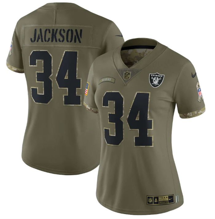 Women's Las Vegas Raiders #34 Bo Jackson Olive 2022 Salute To Service Limited Stitched Jersey(Run Small) Women's Las Vegas Raiders #34 Bo Jackson Olive 2022 Salute To Service Limited Stitched Jersey(Run Small)