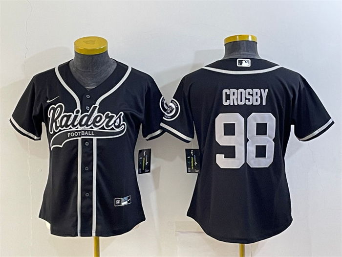 Women's Las Vegas Raiders #98 Maxx Crosby Black With Patch Cool Base Stitched Baseball Jersey(Run Small) Women's Las Vegas Raiders #98 Maxx Crosby Black With Patch Cool Base Stitched Baseball Jersey(Run Small)