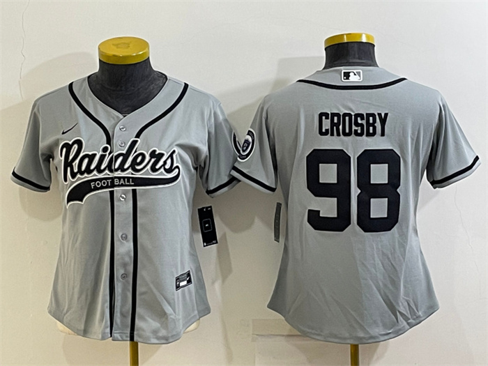 Women's Las Vegas Raiders #98 Maxx Crosby Grey With Patch Cool Base Stitched Baseball Jersey(Run Small) Women's Las Vegas Raiders #98 Maxx Crosby Grey With Patch Cool Base Stitched Baseball Jersey(Run Small)