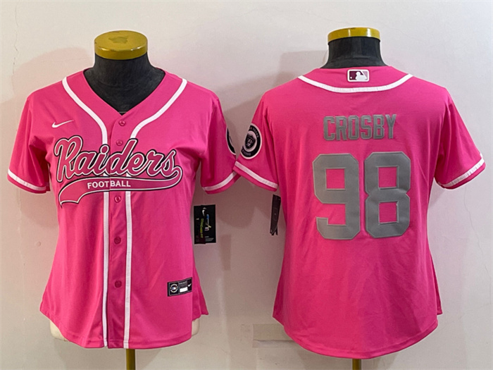 Women's Las Vegas Raiders #98 Maxx Crosby Pink Silver With Patch Cool Base Stitched Women's Las Vegas Raiders #98 Maxx Crosby Pink Silver With Patch Cool Base Stitched