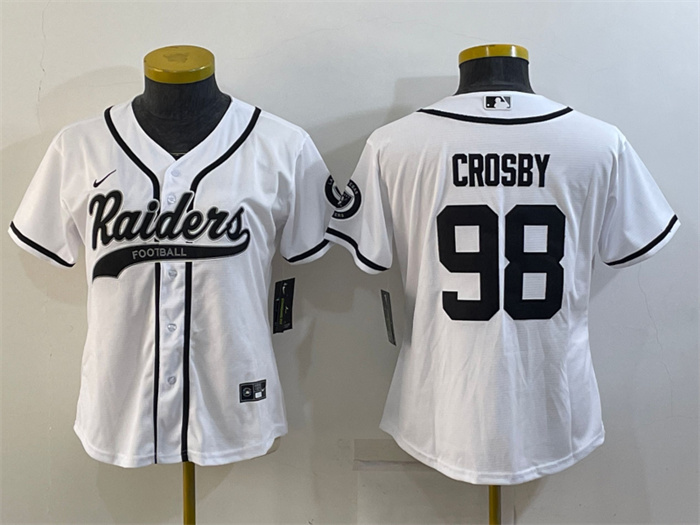 Women's Las Vegas Raiders #98 Maxx Crosby White With Patch Cool Base Stitched Baseball Jersey(Run Small) Women's Las Vegas Raiders #98 Maxx Crosby White With Patch Cool Base Stitched Baseball Jersey(Run Small)