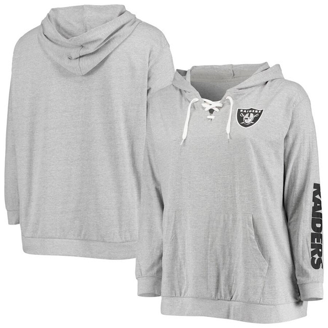 Women's Las Vegas Raiders Heathered Gray Plus Size Lace-Up Pullover Hoodie Women's Las Vegas Raiders Heathered Gray Plus Size Lace-Up Pullover Hoodie