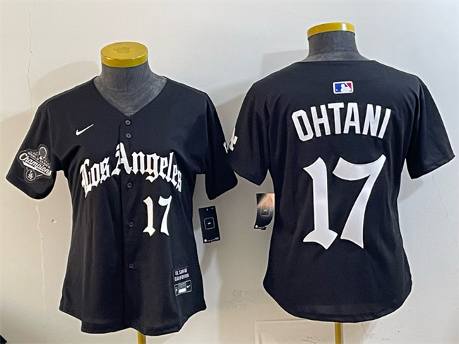 Women's Los Angeles Dodgers #17 Shohei Ohtani Black 2025 World Series Champions LA Gothic Edition Limited Stitched Baseball Jersey(Run Small) Women's Los Angeles Dodgers #17 Shohei Ohtani Black 2025 World Series Champions LA Gothic Edition Limited Stitched Baseball Jersey(Run Small)