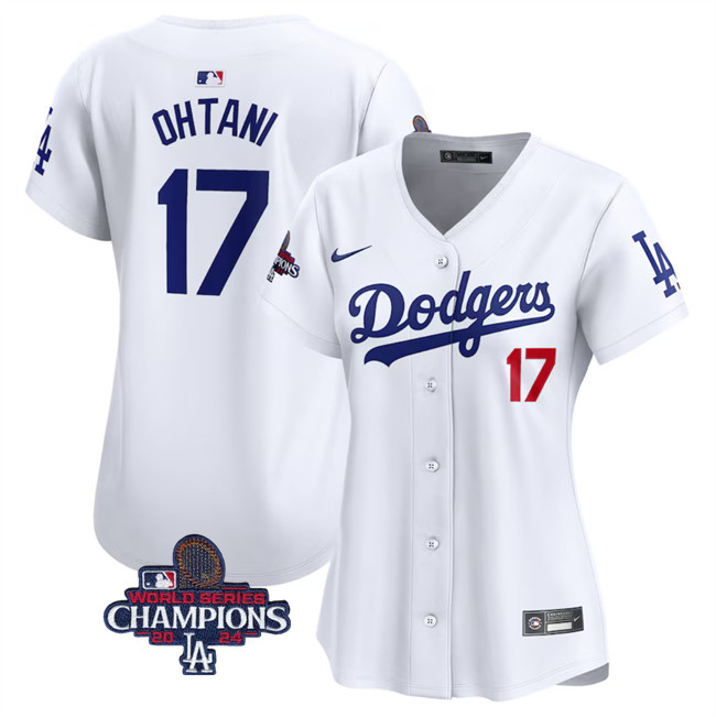 Women's Los Angeles Dodgers #17 Shohei Ohtani White 2024 World Series Champions Home Limited Stitched Baseball Jersey(Run Small) Women's Los Angeles Dodgers #17 Shohei Ohtani White 2024 World Series Champions Home Limited Stitched Baseball Jersey(Run Small)