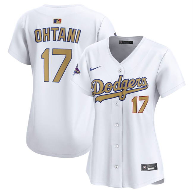 Women's Los Angeles Dodgers #17 Shohei Ohtani White 2025 Gold Collection Limited Stitched Baseball Jersey(Run Small) Women's Los Angeles Dodgers #17 Shohei Ohtani White 2025 Gold Collection Limited Stitched Baseball Jersey(Run Small)