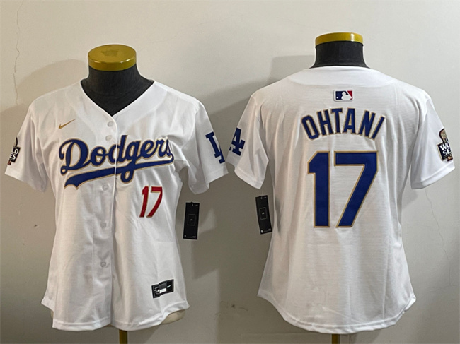 Women's Los Angeles Dodgers #17 Shohei Ohtani White Gold 2024 World Series Home Limited Stitched Baseball Jersey(Run Small) Women's Los Angeles Dodgers #17 Shohei Ohtani White Gold 2024 World Series Home Limited Stitched Baseball Jersey(Run Small)
