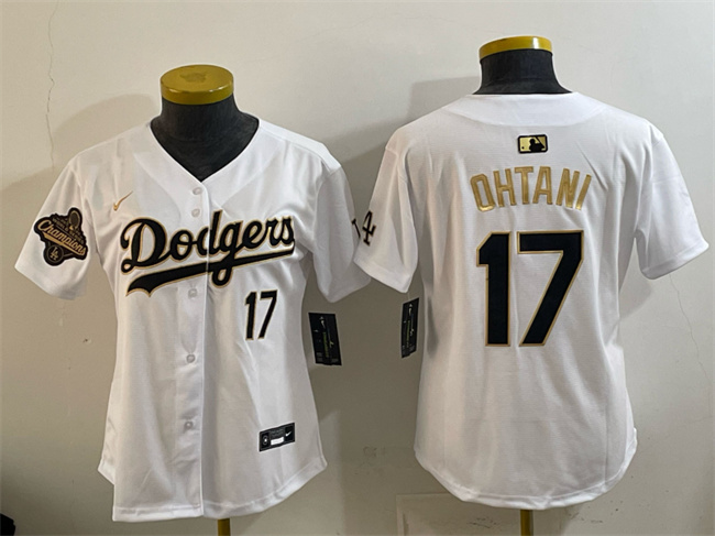 Women's Los Angeles Dodgers #17 Shohei Ohtani White Gold 2025 World Series Champions Patch Limited Stitched Baseball Jersey(Run Small) Women's Los Angeles Dodgers #17 Shohei Ohtani White Gold 2025 World Series Champions Patch Limited Stitched Baseball Jersey(Run Small)
