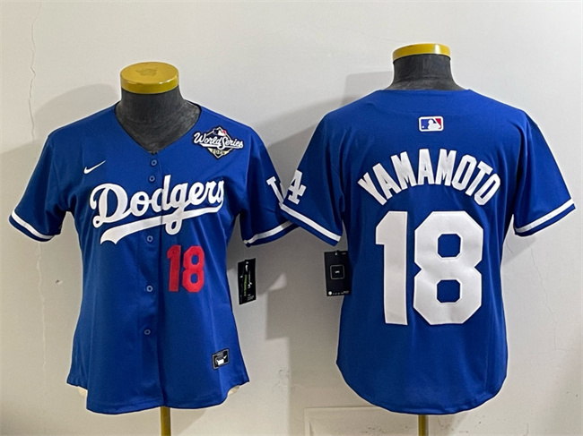 Women's Los Angeles Dodgers #18 Yoshinobu Yamamoto Royal 2025 World Series Patch Limited Stitched Baseball Jersey(Run Small) Women's Los Angeles Dodgers #18 Yoshinobu Yamamoto Royal 2025 World Series Patch Limited Stitched Baseball Jersey(Run Small)